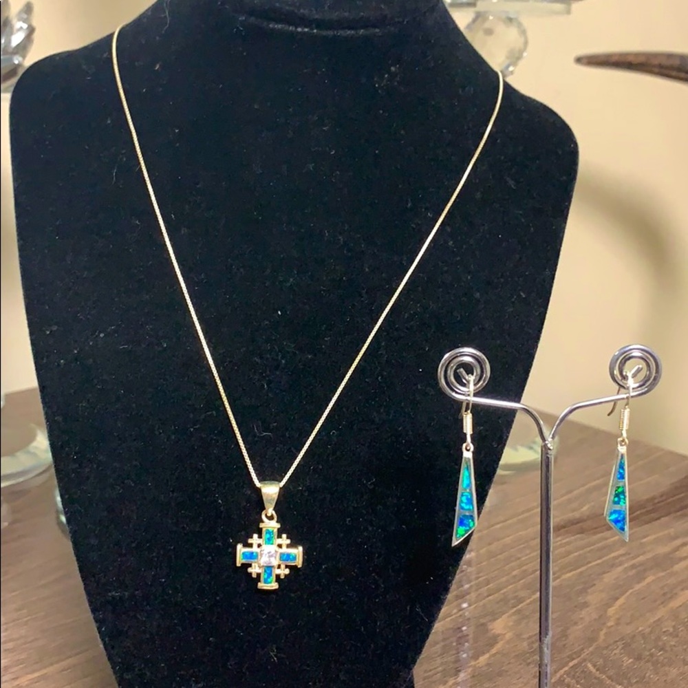 Sterling Silver 925 Jerusalem Cross W/Opal Stone
